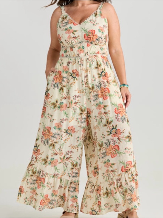 BloomChic Pants - Floral Lace Trim Cinched-Waist Jumpsuit